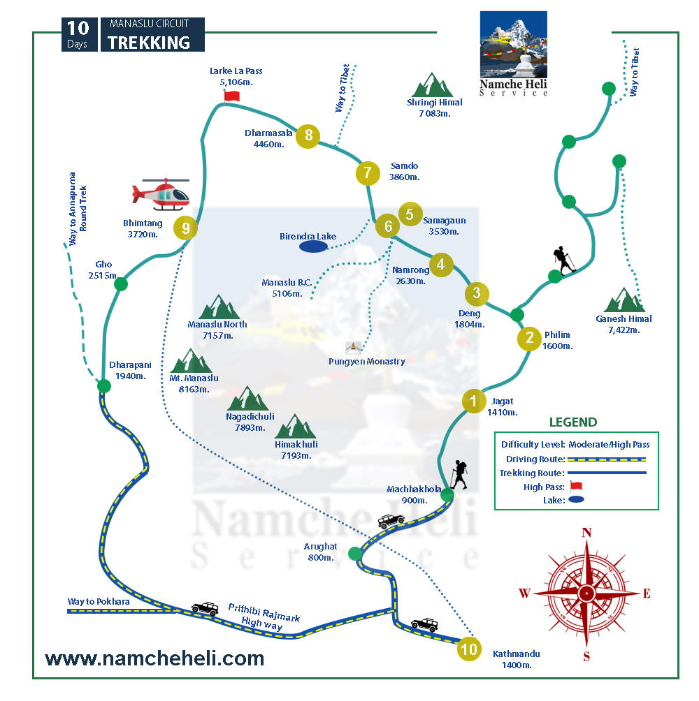 Manaslu Circuit Helicopter Trek map